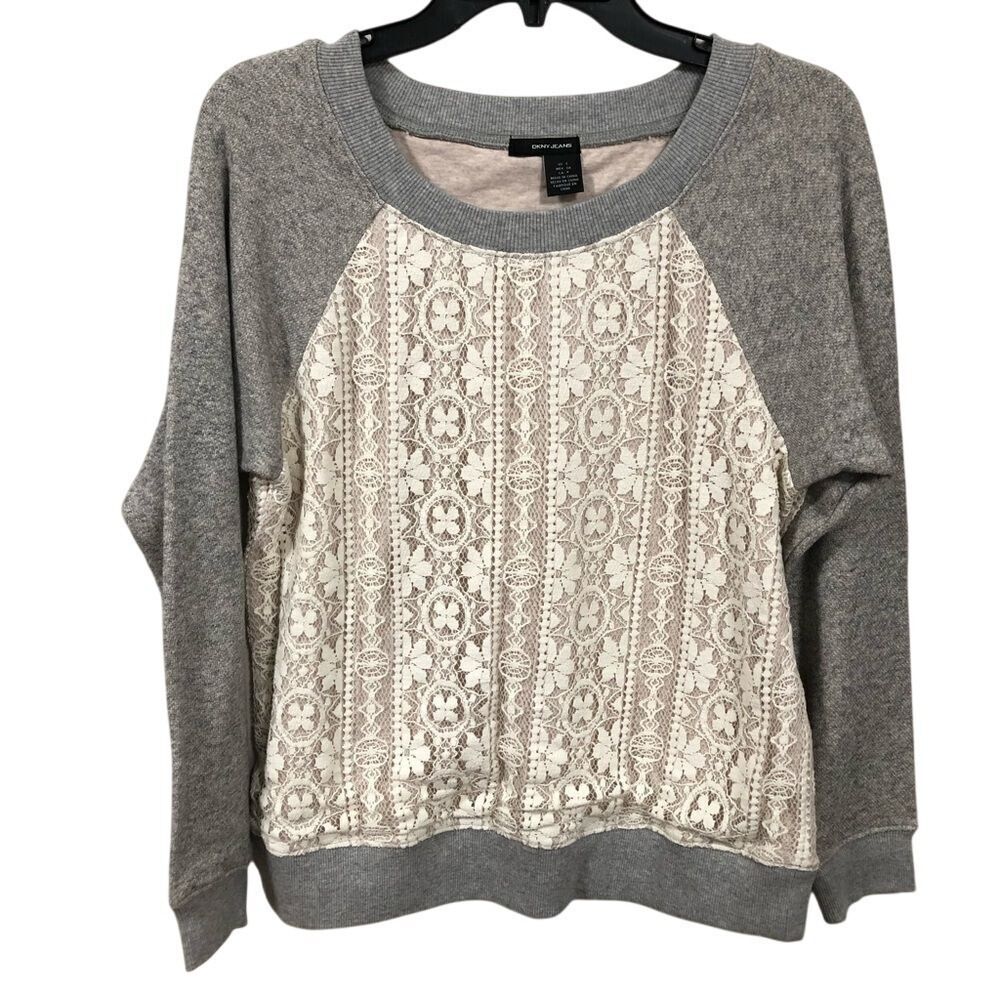 DKNY Jeans Lace Women's Long Sleeve Scoop Neck Sweater Top SMALL